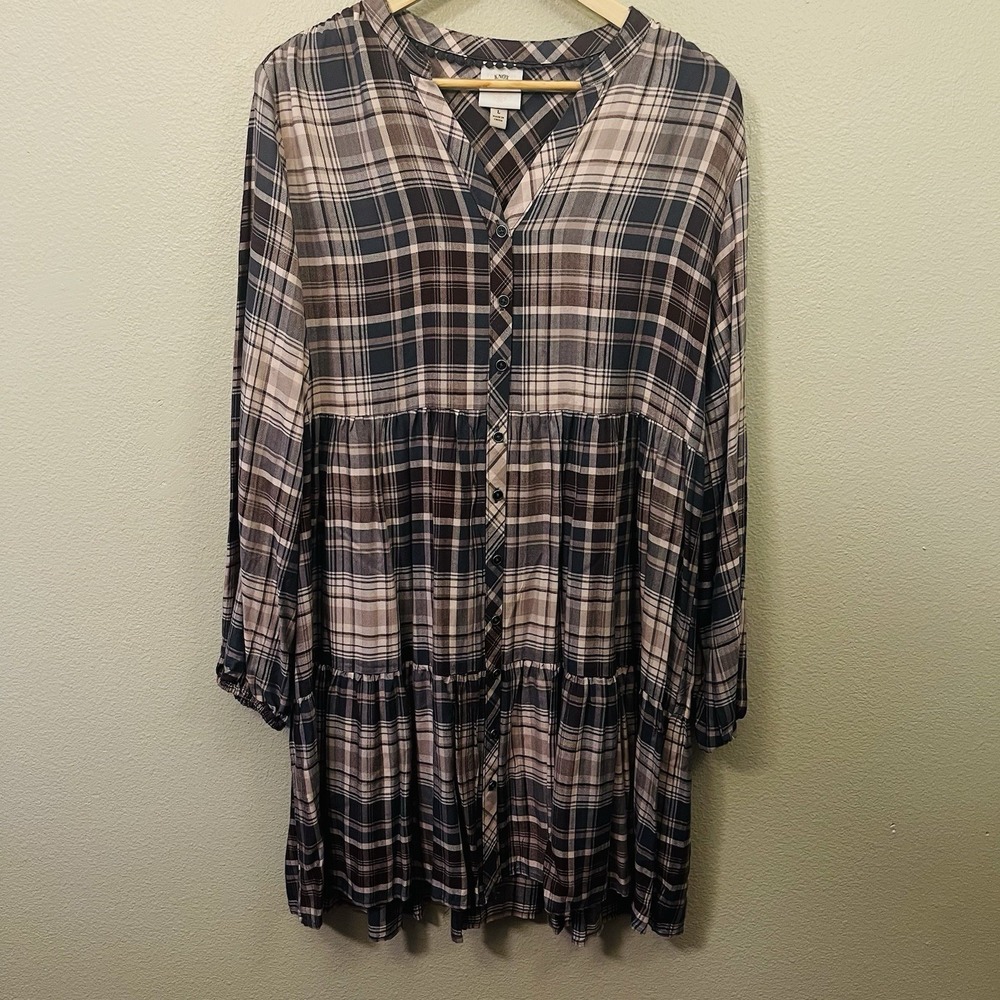 Knox Rose Plaid Long Sleeve Dress Buttons Tiered Gray Brown Western Prairie Sz L